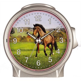 Eurotime Kinder Wecker für Mädchen mit Pferde-Motiv, Kunststoffgehäuse und Kunststoffglas, geräuscharmer Wecker, kein Ticken, mit Licht und Weckwiederholung, 29612-07