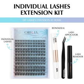Oreola Cluster Eyelash Set Individual Eyelashes Natural D Curl 8-16 mm Wispy Eyelash Extensions Wide Base 144 Pieces Invisible Transparent Individual Eyelashes with Bond&Seal Remover Tweezers
