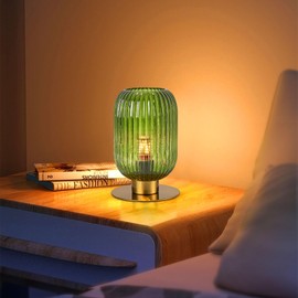 Soutas Mid Century Modern Table Lamp Green Glass Desk Lamp Modern LED Table Lamp with Longer Ribbed Glass Shade Minimalist Beside Reading Lamp for Bedroom Study Office