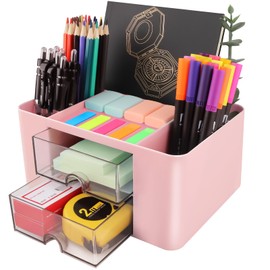 DoDuo Schreibtisch Organizer, Plastik Stifthalter Schreibtisch 5 Fächer und 2 Schubladen, Multifunktionaler Desk Organizer Aesthetic für Stifte Büro Zuhause Schule (Rosa)