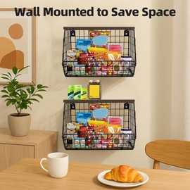 Wacloud 2-Pack Hanging Fruit Basket for Kitchen, Wall Mounted Metal Wire Storage Bins w/Wood Lid, Banana Hook, Stackable Vegetable Organiser for Countertop Pantry Produce Fruits Onion and Potato