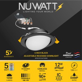 NUWATT 6 Inch Black Gimbal LED Recessed Lighting Canless Wafer Lights, 5CCT 2700K/3000K/3500K/4000K/5000K, Dimmable, 1050LM, 12W, Downlight Adjustable Recessed Swivel LED Sloped Ceiling Light, 6 Pack