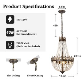 Crystal Chandelier for Dining Room, 18.5" Antique French 6-Light Bedroom Chandelier, K9 Crystal Bathroom Chandeliers, Vintage Ceiling Light Fixture Hanging for Living Room Foyer Kitchen 6 E12 Base