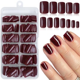LoveOurHome 240pc Burgundy Press on Nails Short Fake Nails Square Glue on Nail Short Acrylic Nails Press ons Nail Tips Full Cover False Nail Women Girl Square Artificial Fingernail with Adhesive Tab
