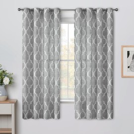 Beauoop Linen Semi Sheer Curtains 54 Inches Long 2 Panels for Bedroom Living Room Grey Moroccan Geo Farmhouse Light Filtering Privacy Textured Grommet Top Window Treatments Drapes, 50x54 2 Set