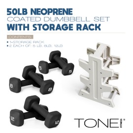 Tone Fitness 50 LB Neoprene Dumbbell Set with Storage Rack – Non-Slip, Anti-Roll Hand Weights for Home Gym Workouts - Black