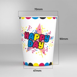 100 Pappbecher, 200 ml, umweltfreundlich und biologisch abbaubar, Einwegbecher, hergestellt in Italien, für den Sport, bunte Getränke, Motiv Happy Day – hergestellt und verpackt in Italien