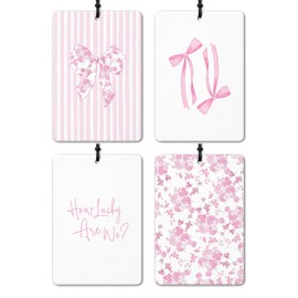 DEQSX Preppy Pink Floral Car Air Freshener 4 Pcs, Cute Flowers Coquette Bow Hanging Air Freshener for Cars Closet Drawer Books Bathroom Office, Girly Cute Car Accessories Mirror Decor for Women