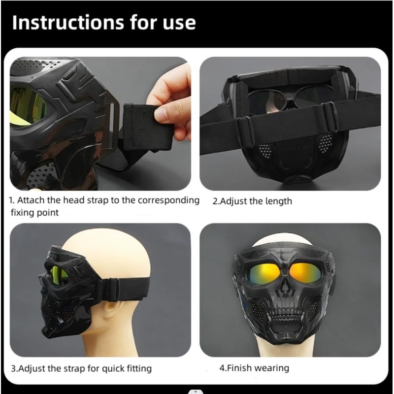 Wokyo Skull Riding Goggles Glasses, Detachable Adjustable Motorcycle Goggle Face