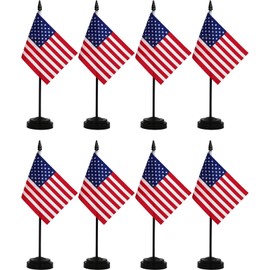 Roll Maven 8 Pack USA Desk Flag Set - 5 x 8 inch Miniature American US Desktop Office Flag with 12" Solid Pole Black Base and Spear Top