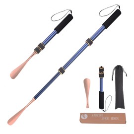 VARCOH Shoe Horn Long Handle for Seniors, 17"-30" Adjustable Aluminum Alloy Long Shoe Horn, Portable Telescopic Shoehorn Design with Blue and Gold Finish, Durable and Elegant, Travel & Home Use