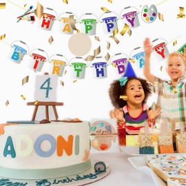 YiiiGoood Art Happy Birthday Banner Art Painting Birthday Banner for Kids Birthday Baby Shower Colorful Fiesta Party