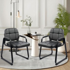 CLATINA Waiting Room Chairs No Wheels Set of 2, Stationary Leather Office Reception Guest Chair with Padded Arms and Sled Base for Elderly Desk Conference Room Lobby Table Side Salon