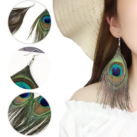 IUDWCG - 2 Pcs Indian Headdress Feather Earrings Women Bohemian Accessories with Handwoven Tassel Peacock Feather Jewellery for Women Girls Accessories Gifts, Metal
