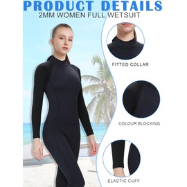 REALON Women's Mens Full Wetsuit 2mm Neoprene Back Zipper Swimming Surfing Diving Snorkeling Wet Suits Cold Water Long Sleeve Thermal Swimsuit