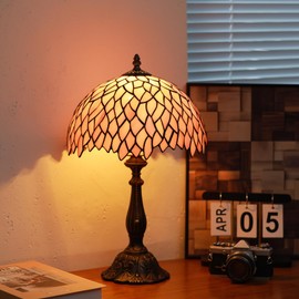 Tiffany Lamps Pink Leaves Style Stained Glass Table Lamp Desk Bedside Reading Light 12X12X18.5 Inches with Bronze Resin Base Applicable to Bedroom Living Room Office