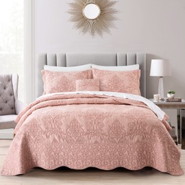 BYTIDE Quilt Bedspread King 4 Piece Bedding Set 102" x 90" Elegant Antique Classy Damask Embroidery with Scallop Edges, Ultra Soft Lightweight Coverlet, Dusty Pink