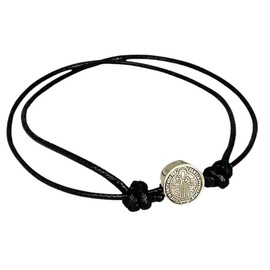 TClaudia, Pulsera San Benito de Plata 925 oxidada, medalla San Benito, hilo negro ajustable, para Mujer y Hombre.