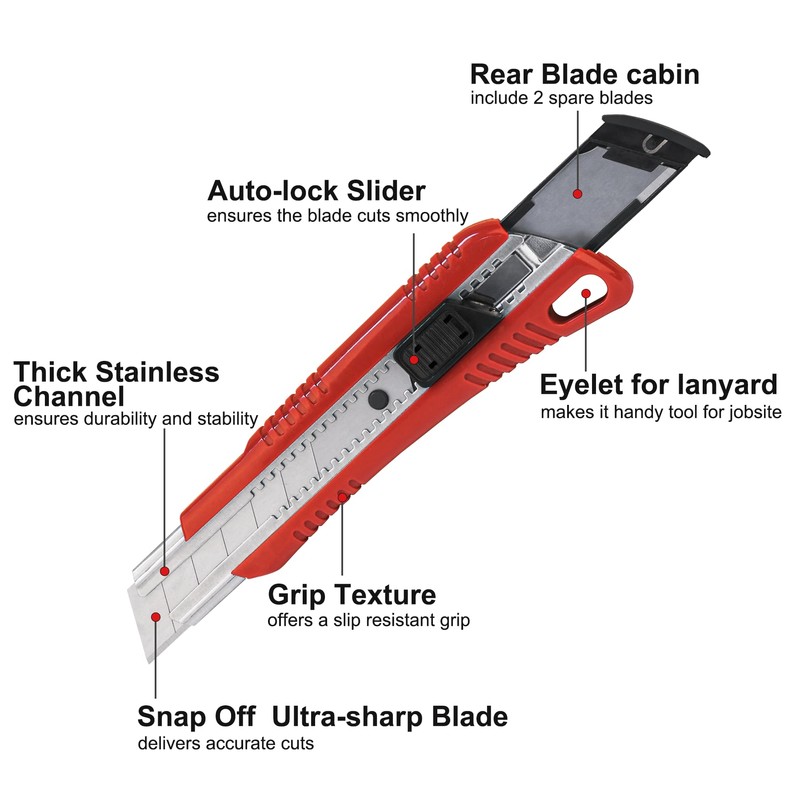HAUTMEC 25mm Utility Knife Set, Heavy Duty Auto-Lock, Retractable Box