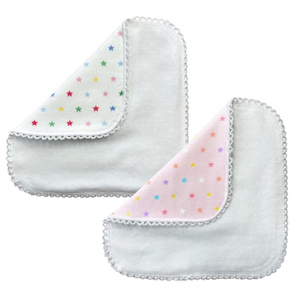 Double Gauze x Towel, Mini Handkerchief 5.9 x 5.9 inches (15 x 15 cm), White Plain Pink Star Pattern, Set of 2