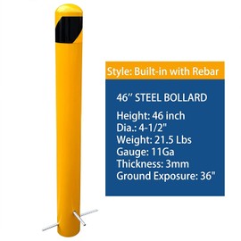 BIGalleons 46" Pour in Place Steel Bollard Post, 4-1/2" OD Safety Bollard Yellow Powder Coat, Metal Bollard Parking, Driveway Barrier