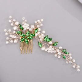 Chargances Bride Wedding Crystal Pearl Hair Comb Green Rhinestone Flower Hair Vine Comb Fashion Handmade Headpiece Bridal Hair Accessories for Wedding Prom Flower Girl (Green)