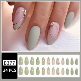 Almond Press on Nails Medium - Green Fake Nails with Gold Line Design - Full Cover Stick on False Nails for Women 24 Pcs