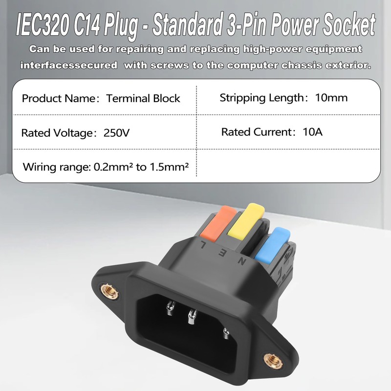 JSADZKJ IEC C14 Solderless Quick-Connect Panel-Mount Plug, 10A 250V C14