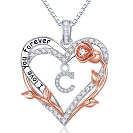 Iefil Christmas Gifts for Women - Sterling Silver Necklaces for women Jewelry Rose Heart Initial C Necklace Anniversary Birthday Valentines Day Gifts for Women Her Wife Girlfriend