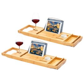 RoyalHouse Bamboo Bathtub Caddy Tray, Expandable Bath Table Over Tub with Glass Book, Adjustable Organizer Tray for Bathroom, Wine and Phone Holder, Ideal Gift for Family & Friends (Pack 2)