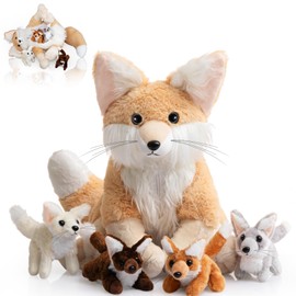 HyDren 5 Pcs Woodland Animals Plush Toys Set 13.4 Inch Large Fennec Fox Stuffed Animal with 4 Cute Babies Fox Plush Toys Gift for Birthday Holiday Baby Shower Party Decor(Beige,Sitting)