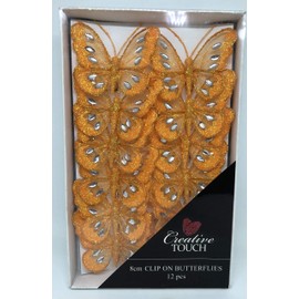 Diamante Glitter Mesh Jewelled Butterfly 3D Decorative Butterflies Wedding Home Party Event Craft Embellishment Festive Stylish Xmas Tree Christmas Decoration Curtain Clip On (4 x Orange)