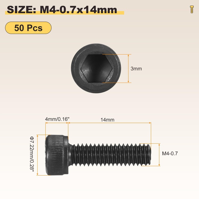METALLIXITY Socket Head Cap Screws(M4-0.7x14mm)50Pcs, Carbon Steel Allen Socket Drive
