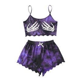 Floerns Women's Plus Size 2 Piece Sleepwear Tie Dye Skeleton Print Pajama Set Dark Purple X-Large Plus