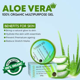 Ammuri Aloe Vera Gel 100% Pure Organic & Natural Freshly Cut Aloe Best for Acne, Psoriasis & Body Care, Face Care, Hair Care & for Skin Soothing, No Sticky Residue for All Skin types - 300 gm