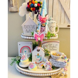 Lavender Inspired Farmhouse 2 Tiered Tray, Distressed Wood Beaded 2 Tiered Tray Stand with Metal Handle, Kitchen Island Decor, Coffee Table Decor, Oval Tiered Tray, Wooden Serving Trays.(White)