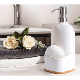 Clasin Home Kitchen Soap Dispenser with Sponge Holder, Refillable Acrylic Dish Soap Dispenser 17oz for Kitchen Sink and Bathroom, Anti Slip, Countertop Home Decor (White)