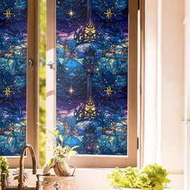 Golden Blue Purple Ice Winter Castle Fantasy Stained Glass Window Films Decorative Double-Side Privacy Film Self-Adhesive Static Clings for Living Room Bathroom Glass Windows Decor