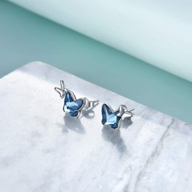 AOBOCO Sterling Silver Butterfly Earrings, Blue Butterfly Crystals from Austria, Hypoallergenic Stud Earrings, Anniversary Birthday Butterfly Jewelry Gifts for Women