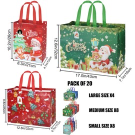 BorKinHa 20 Pack Christmas Gift Bags Reusable Tote Bag Assorted Sizes Including 4 Extra Large, 8 Large, 8 Medium, Non-Woven Christma's Bags for Gifts Christmas Party Supplies with 20Pcs Gift Tags