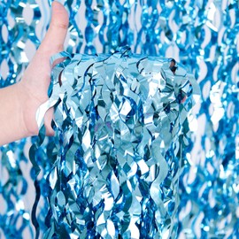 Wavy Blue Foil Fringe Curtain,3 Pack Beach Backdrop Under The Sea Party Decor for Mermaid Party Birthday Decorations 3.2X 6.6ft