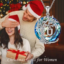 TOUPOP Necklace for Women Tree of Life Initial U Necklace Sterling Silver Family Tree Letter Pendant Jewelry Blue Circle Crystal Birthday Mothers Day Gifts for Her Mom