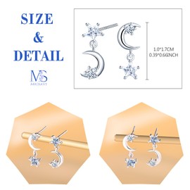 MICSAVI Earrings Moon Star Stud Earrings Women's Jewellery Hypoallergenic Sterling Silver 925 Asymmetrical Earrings for Women and Girls, Sterling Silver, Cubic Zirconia