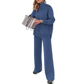 ANRABESS Womens 2 Piece Outfits Sweater Sets Loose Turtlenck Knit Pullover Top Wide Leg Pants 2025 Fall Lounge Sweatsuits Blue X-Large