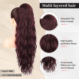 Flufymooz Ponytail Extension, 26 Inch Drawstring Ponytail Hair Extensions for Women，Long Curly Wavy Ponytail Natural Wavy Synthetic Hairpiece for Women Daily Use party (26inch, Ombre Burgandy)