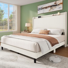 YITAHOME Corduroy Queen Size Bed Frame, Upholstered Platform Bed with Adjustable Headboard & Sturdy Wood Slat, Box Spring Not Needed, Beige Cream