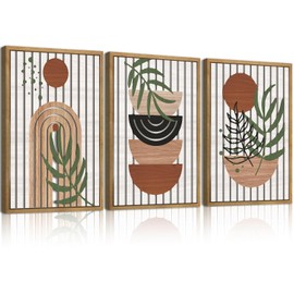 3D Wood Boho Wall Art Set of 3 Framed Mid Century Modern Abstract Wall Decor for Bedroom Living Room Office 16x24 Inches