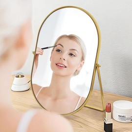 Vanity Desk Table Mirror Oval Makeup Mirror 90°Adjustable Rotation Golden Metal Framed Standing - Color: Oval-gold, Size: 11.8"L x 8.7"W