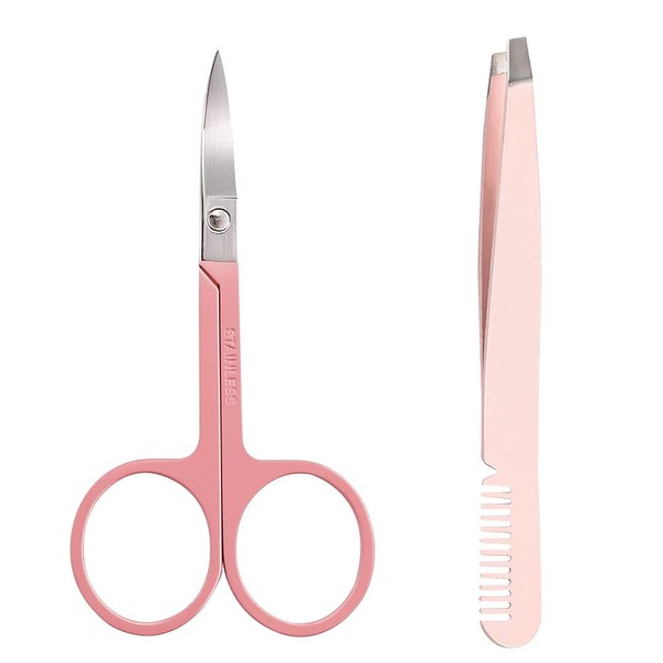 Eyebrow Scissors with Comb Tweezer, Multi-Purpose Stainless Steel Curved Small Eyelash Scissors Tweezer Comb for Women Eyebrow Eyelash Facial Gromming (Pink)
