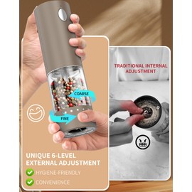 CIRCLE JOY Electric Salt and Pepper Grinder Set Rechargeable Salt and Pepper Mills with Storage Base, Adjustable Coarseness and LED White Light, Washable 95ml Container, Brown